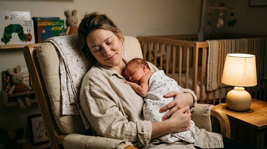 A first-time mother gently holds her newborn in a nursery, both relaxed and content, surrounded by soft lighting, baby books, and toys.