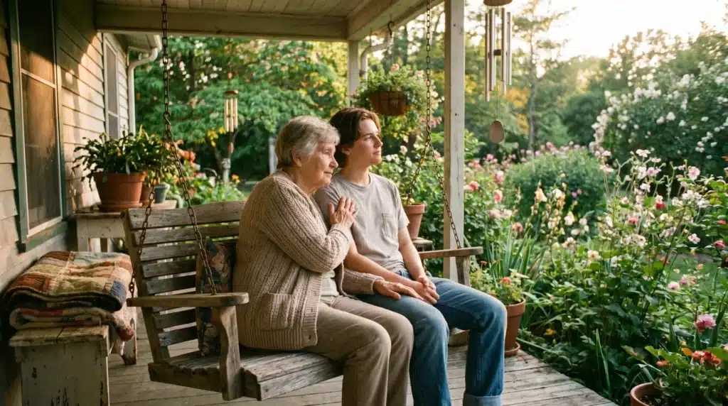 A grandmother and her grandson sit together on a porch swing, sharing a peaceful moment amidst a blooming garden in the warm light of sunset.