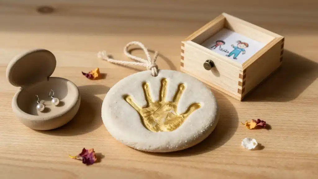 A handmade clay handprint keepsake with a gold accent, a pair of pearl earrings in a small container, and a wooden box with a hand-drawn, all placed on a wooden surface