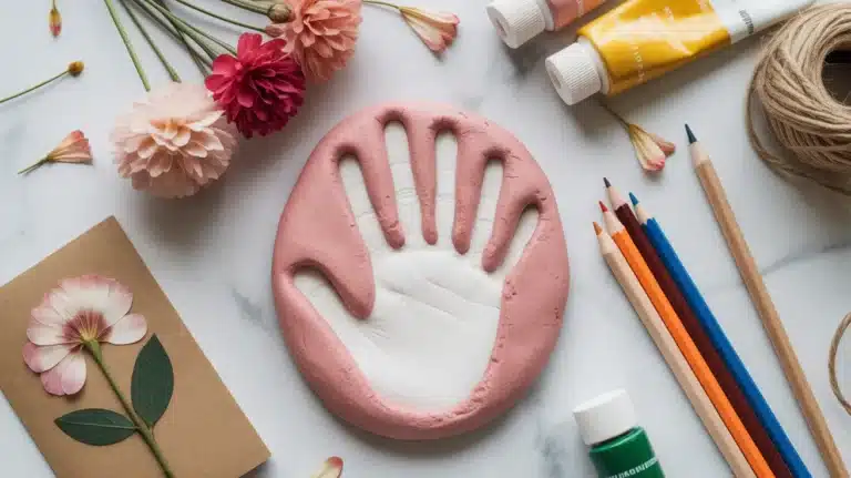 A handprint clay keepsake with a pink border, surrounded by colorful flowers, art supplies like paint, pencils, twine, and a greeting card with a pressed flower.
