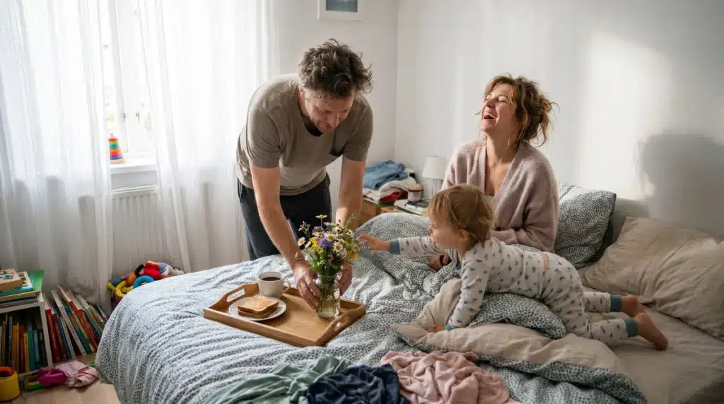 A happy family moment in bed, with a father setting a tray with breakfast and flowers while the mother laughs and their young child reaches for the bouquet.