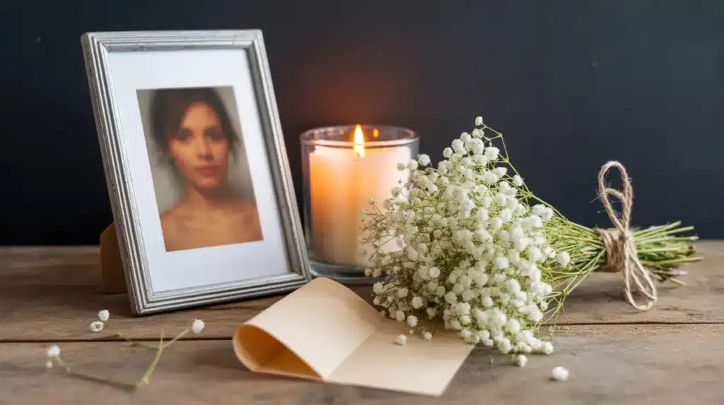 A heartfelt tribute to a mother in heaven, with a photo frame, a candle burning softly, a bouquet of white baby’s breath flowers, and a card, evoking a peaceful and loving memory.
