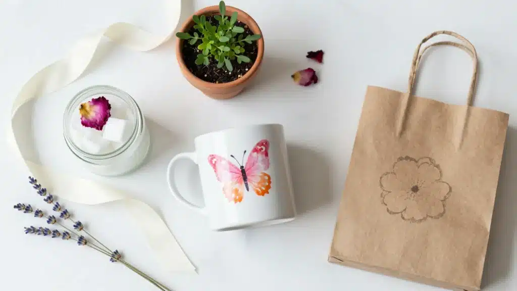 A homemade Mother's Day gift featuring a butterfly mug, a potted plant, lavender sprigs, a jar of sugar cubes with a dried rose petal, and a brown paper gift bag with a flower print.