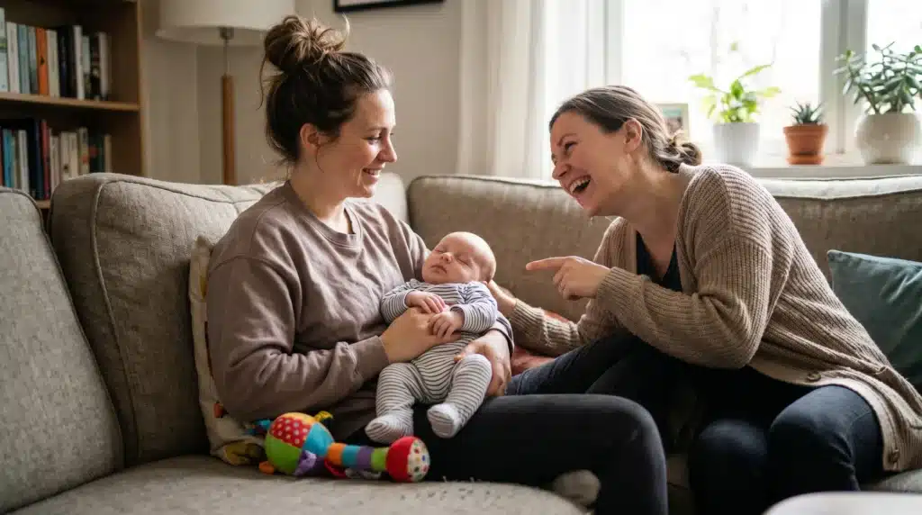 A joyful moment between two women on a couch, one holding a sleeping baby, while the other laughs and points at her, with a colorful baby toy nearby.