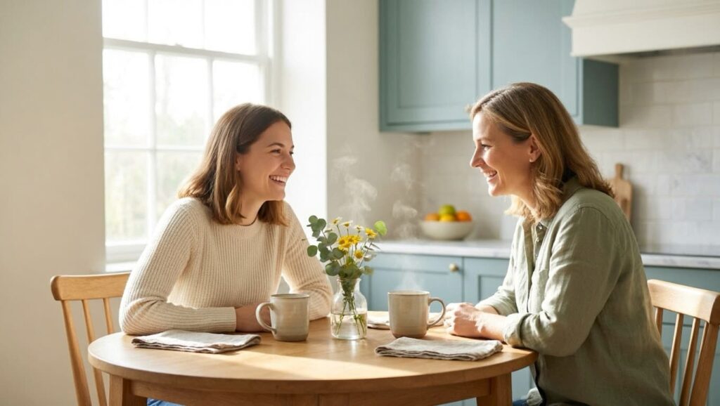 A mother and daughter laughing over coffee at the kitchen table, with a small vase of fresh flowers between them