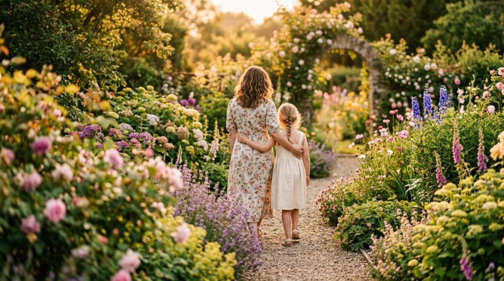 A mother and daughter walk hand in hand through a flower garden, enjoying quality time together during a peaceful afternoon.