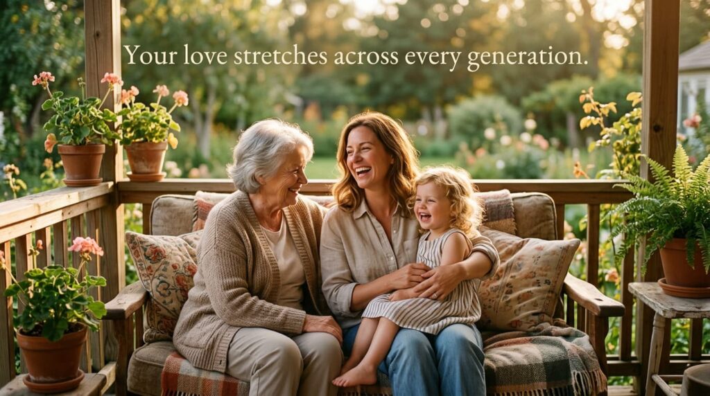 A multi-generational image of a grandmother, mother, and daughter laughing together on a porch, with the text, “Your love stretches across every generation.