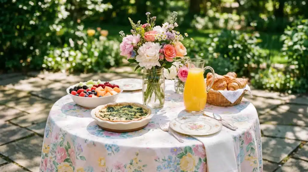 A outdoor brunch setup featuring a floral tablecloth, a jar filled with fresh flowers, a plate of fruit salad, a savory quiche, a pitcher of orange juice, and a basket of croissants.