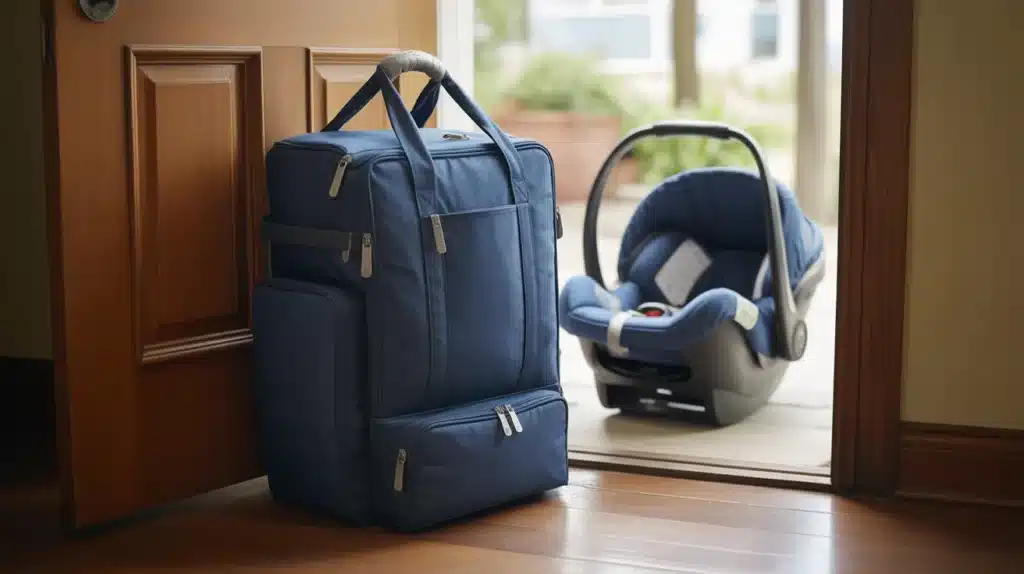 A packed hospital bag is placed by the front door, with a baby car seat nearby, ready for a trip to the hospital