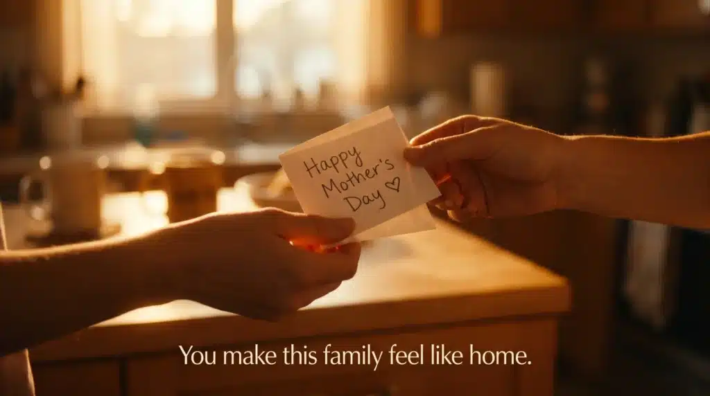 A person handing a Happy Mother's Day card in a warm kitchen with the text You make this family feel like home.