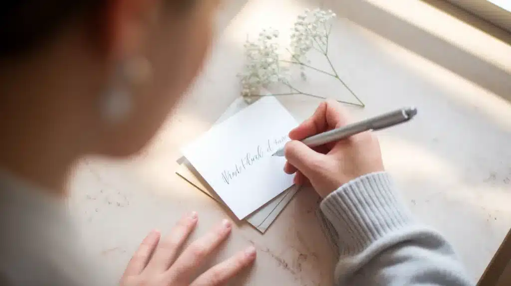 A person writes a heartfelt message on a greeting card, surrounded by delicate flowers, with soft natural light illuminating the scene.
