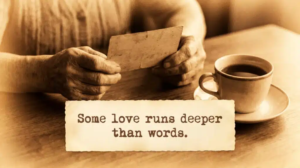 A sepia-toned image of an elderly person holding a vintage postcard with the text Some love runs deeper than words below. A cup of coffee rests on a saucer next to them.