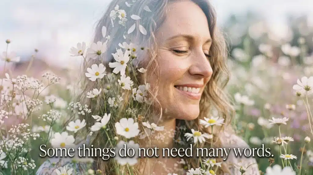 A smiling woman in a flower field with the text Some things do not need many words below her. The image has soft lighting and a dreamy vibe, with wildflowers surrounding her.