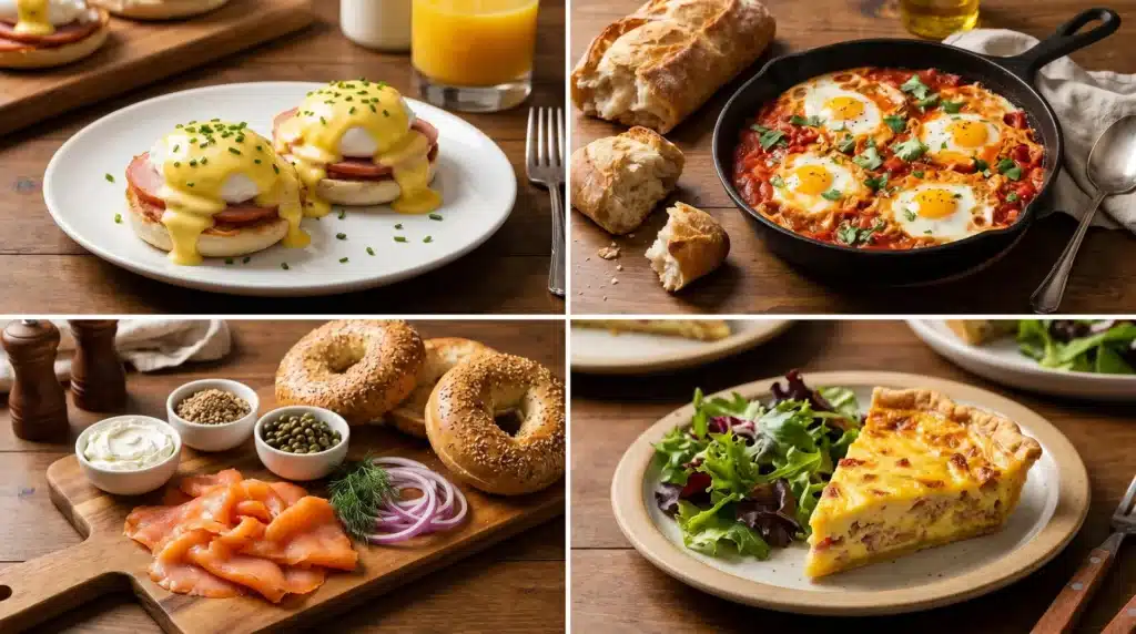 A variety of savory brunch dishes, including eggs Benedict with chives, shakshuka, smoked salmon with bagels and cream cheese, and a slice of quiche with a side salad.