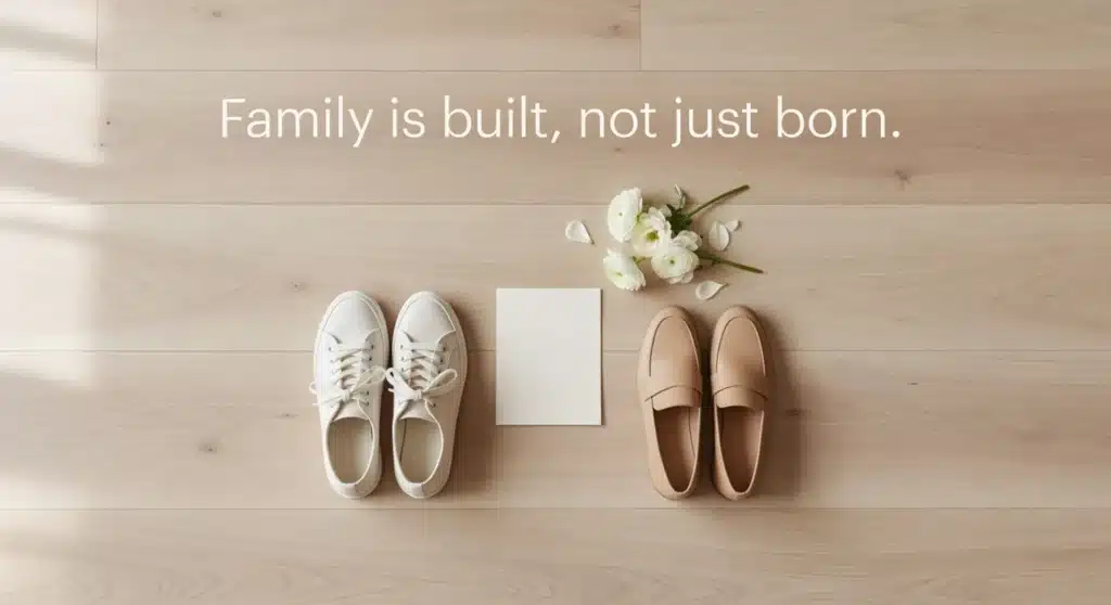 A white sneakers and beige loafers placed on light wood flooring with a blank card and a some white flowers in between. The message Family is built, not just born is written above.