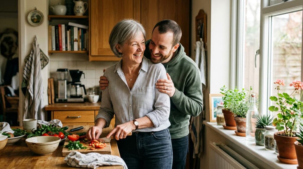 A woman and her son share a joyful moment in the kitchen while preparing vegetables together, surrounded by fresh ingredients and plants in a cozy home.