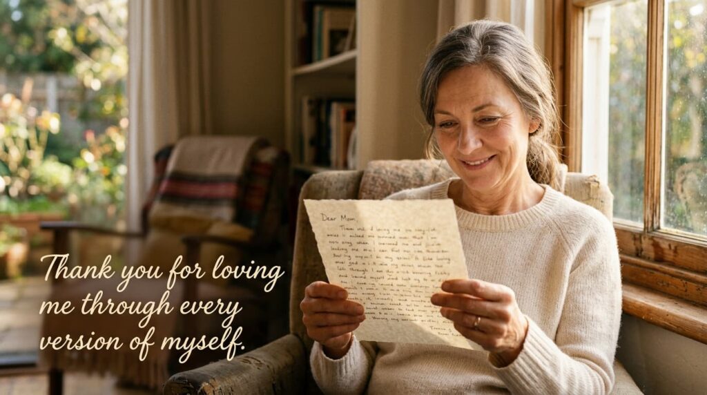 A woman smiles as she reads a heartfelt handwritten letter with a message of gratitude, sitting in a cozy room with soft sunlight.