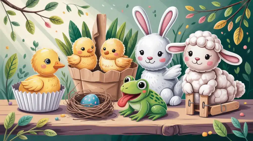 Adorable spring animal crafts featuring chicks, a bunny, a lamb, and a frog, arranged with leaves, a nest with an egg, and a nature-inspired background.