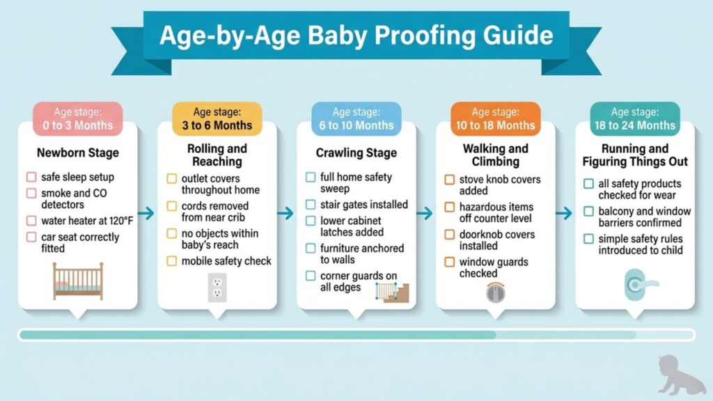 Age-by-age baby proofing guide showing safety steps for newborn to toddler stages, including 0–3 months, 3–6 months, 6–10 months, 10–18 months, and 18–24 months milestones