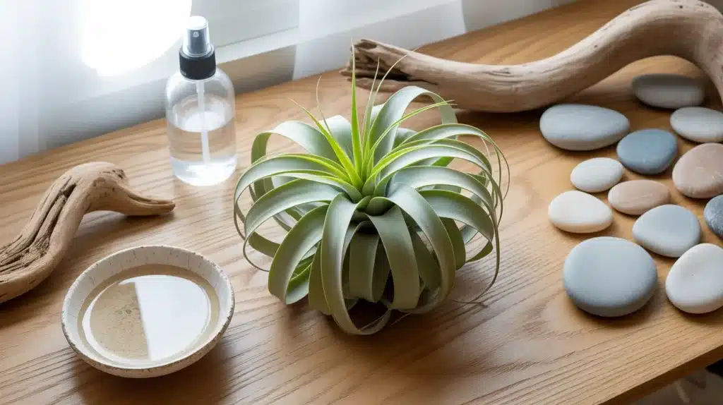 Air plant displayed on a wooden surface with a spray bottle, shallow dish, driftwood, and smooth stones, showing essential items for proper air plant care