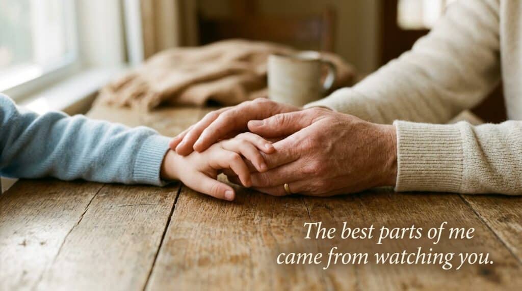 An image of a mother and child holding hands, with a message that reads, The best parts of me came from watching you.
