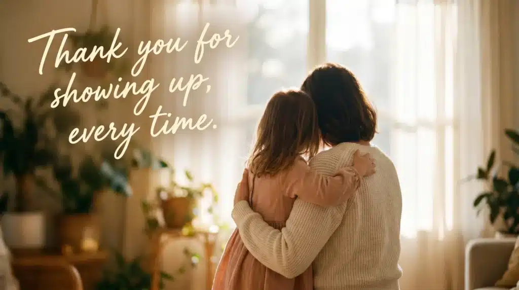 An image of a mother and daughter embracing, with soft, natural lighting. The quote is overlaid in an elegant, handwritten font.