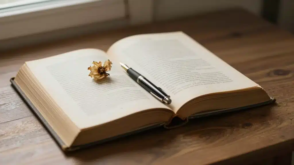 An open book with a vintage pen resting on it and a dried flower placed on the pages, evoking a sense of nostalgia and peaceful reflection.