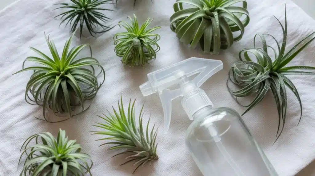 Assorted air plants arranged on a light surface with a spray bottle, showing misting as a watering method.
