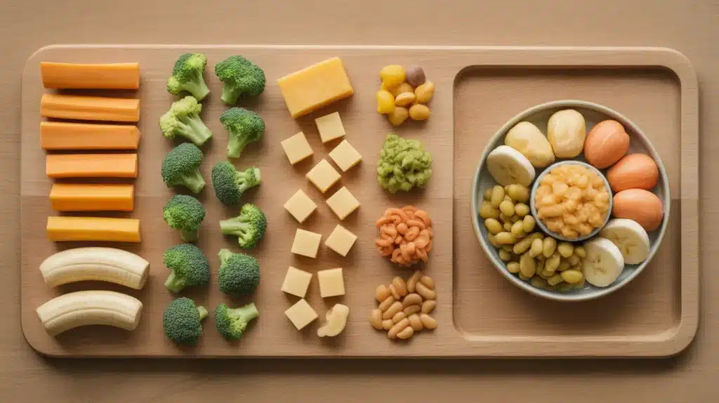 Assorted baby-led weaning foods arranged on a tray, including carrot sticks, broccoli, banana, cheese cubes, beans, and a bowl with mixed soft foods