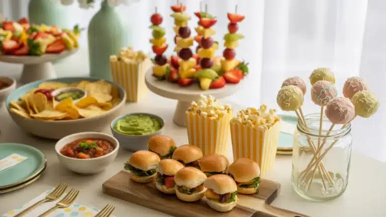 Assorted baby shower snacks displayed on a table, including mini sliders, popcorn, fruit skewers, cake pops, chips with dips, and colorful party treats.