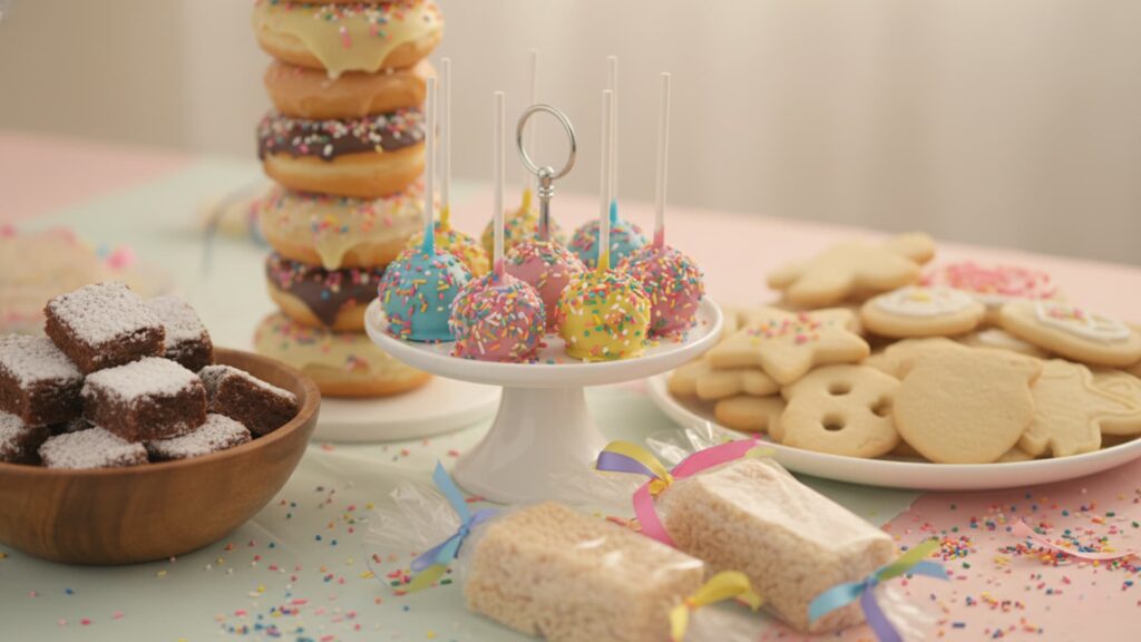 Assorted kids' party desserts, including colorful cake pops with sprinkles, stacked donuts, sugar cookies, brownies dusted with powdered sugar, and packaged rice treats on a pastel table