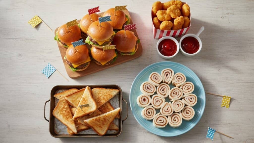 Assorted kids’ party finger foods, including mini sliders with flags, chicken nuggets with dipping sauce, toasted sandwich triangles, and pinwheel roll-ups, arranged on a table