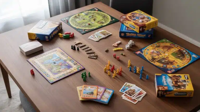 Assortment of family-friendly board games spread across a wooden table, featuring multiple game boards, colorful player pieces, cards, dice, and stacked game boxes ready for play.