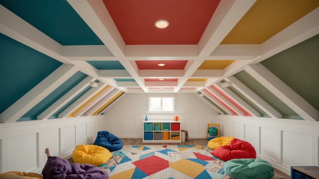Attic playroom with a multi-colored painted ceiling in bold geometric sections, white beams, and colorful bean bags arranged around a patterned rug