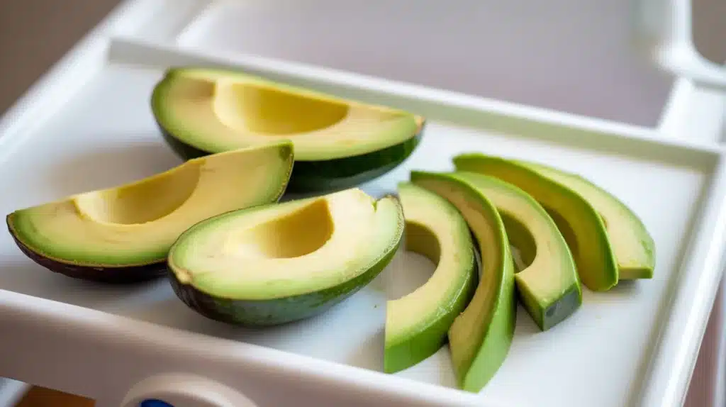 Avocado slices and halves arranged on a tray, showing soft, ripe fruit suitable for baby-led weaning or easy eating