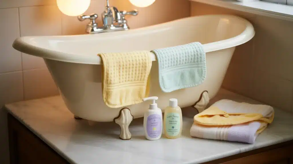 Baby bath setup with a small tub, soft washcloths, baby soap and lotion, and neatly folded towels on a bathroom counter