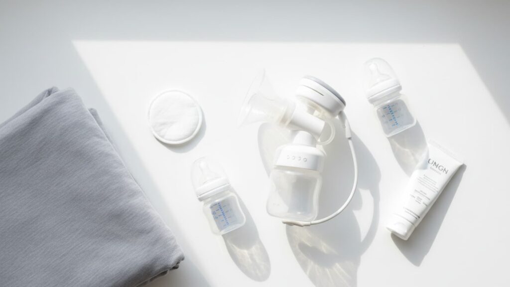 Baby feeding essentials arranged on a clean surface, including bottles, a breast pump, cotton pads, cream, and a soft cloth