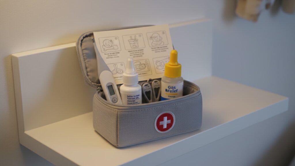 Baby health and safety kit with thermometer, nasal drops, nail clippers, and medicine bottles neatly organized in a small case