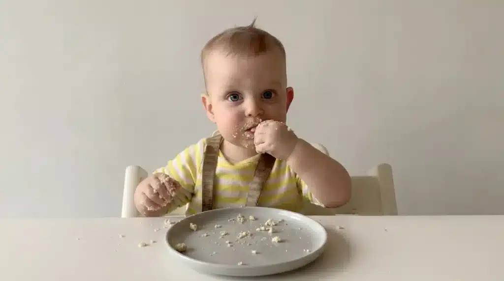 Baby-led weaning foods showing a baby eating finger foods independently at a table with small pieces of food on a plate and hands.