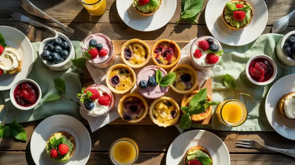 Baby shower brunch spread with mini pastries, yogurt parfaits, fresh berries, toast with toppings, and glasses of juice arranged on a table
