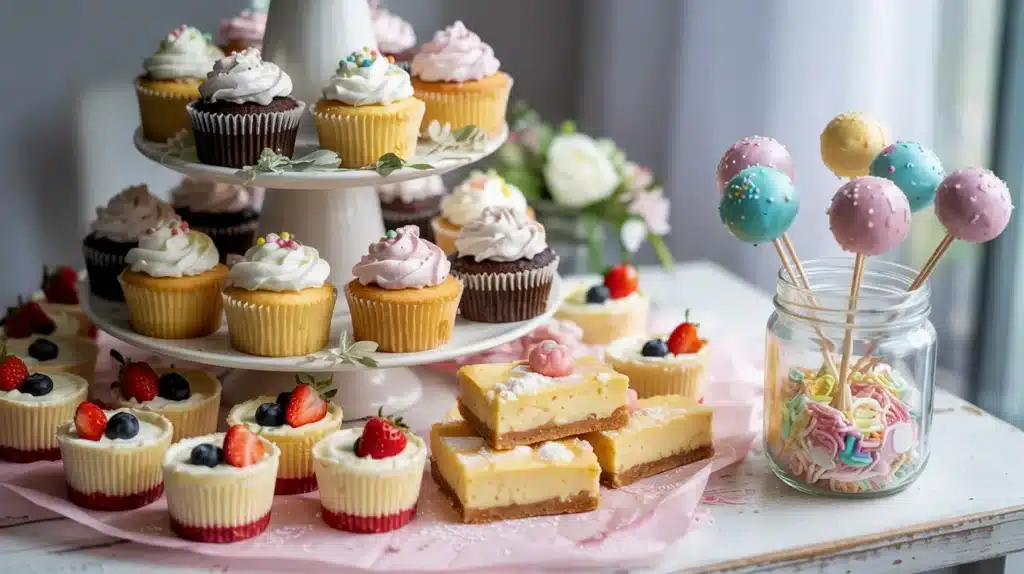 Baby shower dessert table with cupcakes, mini cheesecakes, cake pops, and sweet bars decorated with frosting, sprinkles, and fresh berries