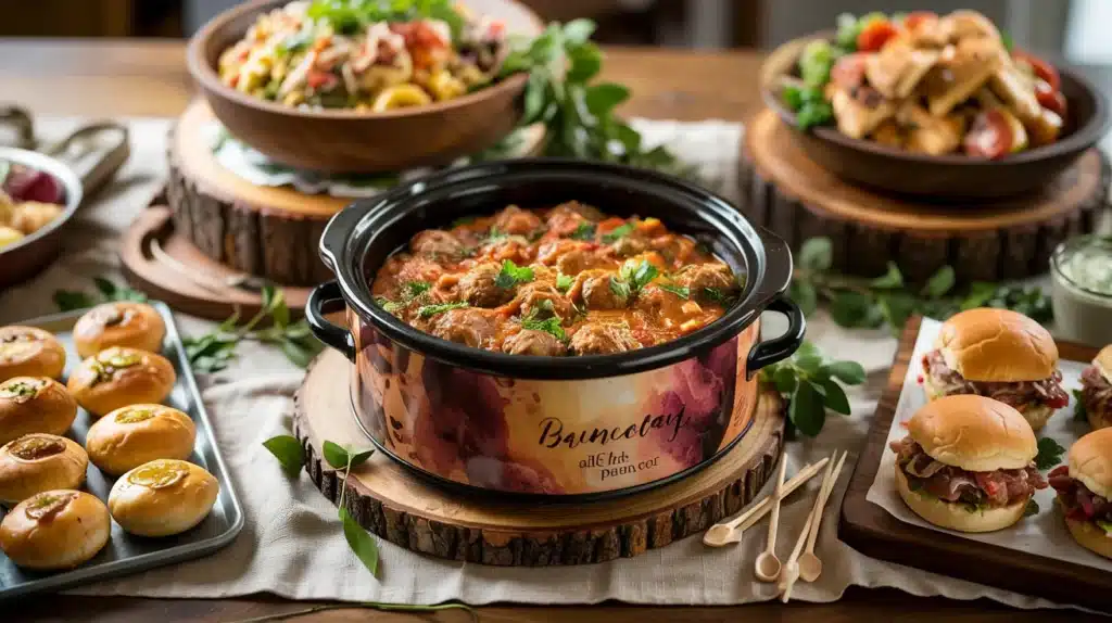 Baby shower main dish spread featuring a slow cooker with a hearty stew, mini sliders, savory buns, and fresh salad bowls arranged on a table