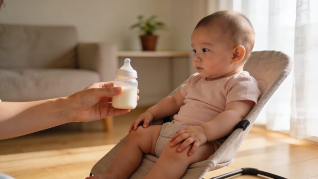 Baby sitting in a reclined seat looking at a bottle offered by a caregiver, showing hesitation or refusal to hold it independently