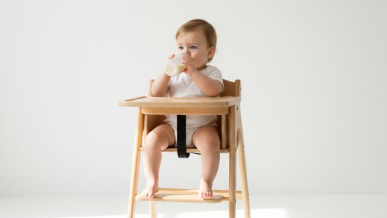 Baby sitting in a wooden high chair holding and drinking from a bottle independently against a clean, minimal background.