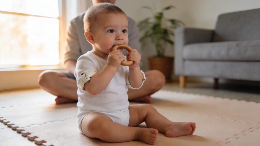 Baby sitting on a soft play mat holding and chewing a wooden teething ring, with a caregiver sitting nearby in the background