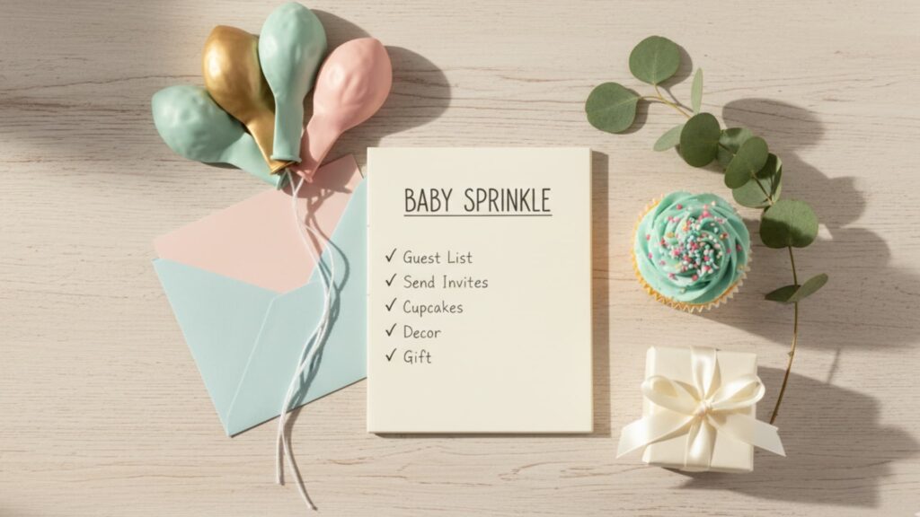 Baby sprinkle planning flat lay featuring a checklist card with tasks, pastel balloons, envelopes, a decorated cupcake, greenery, and a small wrapped gift on a light wooden surface