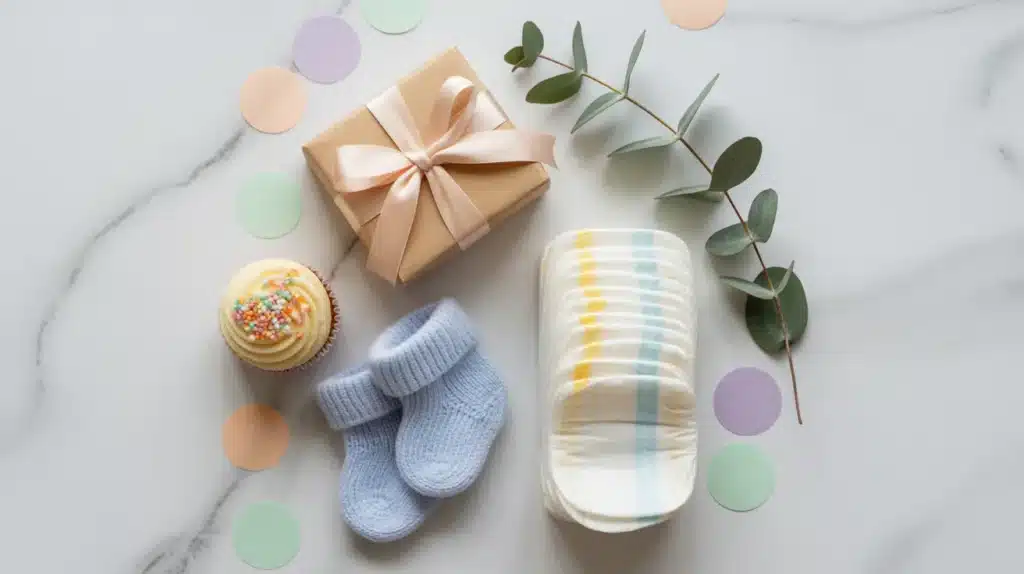 Baby sprinkle-themed flat lay with a wrapped gift, a cupcake with sprinkles, a stack of diapers, tiny blue baby socks, pastel confetti, and greenery arranged on a marble surface