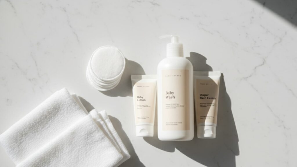 Baby toiletries arranged on a marble surface, including baby wash, lotion, diaper rash cream, cotton pads, and soft washcloths in a clean, minimal setting
