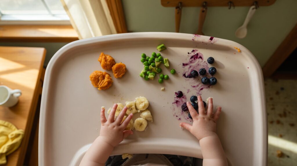 Baby’s hands reaching for different finger foods like banana slices, blueberries, peas, and mashed sweet potato spread on a highchair tray