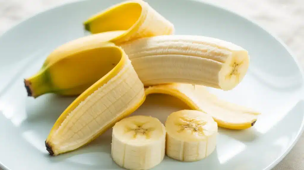 Banana slices and peeled banana pieces arranged on a plate, showing soft fruit suitable for baby-led weaning or easy eating